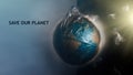 Globe of planet Earth dressed in a garbage plastic bag. The inscription SAVE OUR PLANET. The concept of land pollution and