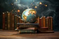 Globe of planet earth and pile of old books, world book day, reading and learning new skill, knowledge is power, education concept Royalty Free Stock Photo