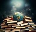 Globe of planet earth and pile of old books, world book day, reading and learning new skill, knowledge is power, education concept Royalty Free Stock Photo