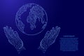 Globe, planet Earth and two holding, protecting hands from futuristic polygonal blue lines and glowing stars for banner, poster, Royalty Free Stock Photo