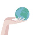 Globe, planet in female hand. Ecology. Protect nature. World. Sign and symbol of globalization. Earth day concept. Flat vector Royalty Free Stock Photo