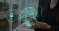 Globe of plexus networks and security padlock icon against mid section of woman using smartphone Royalty Free Stock Photo