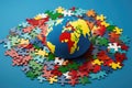 Globe with puzzle pieces surrounding it, placed on blue surface. This image can be used to represent global problem-solv Royalty Free Stock Photo