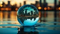 Globe reflecting city skyline at sunset on water surface with bokeh lights Royalty Free Stock Photo