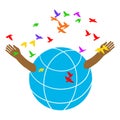 The globe releases from the hands of a flock of colored birds.