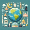 Globe with religion symbol, religious buildings, and diver prayer. AI Generate Royalty Free Stock Photo