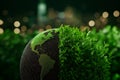 globe representing Earth, half covered in lush green foliage, symbolizes environmental sustainability and nature. background