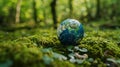 Globe resting on moss in a forest - concept of environment - Europe and Africa Royalty Free Stock Photo