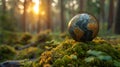 A globe resting on moss in a forest - Europe and Africa - concept of the environment Royalty Free Stock Photo