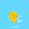 The globe revolves around the coin
