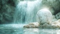 A globe on a rock beside a serene waterfall in a tranquil natural setting Royalty Free Stock Photo