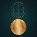 Globe round vector icon. Gradient gold metal with dark background