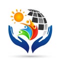 Globe save world sun People care Hands taking care people save protect family care logo icon element vector on white background.