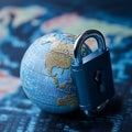 Globe secured by a padlock on a blurred map photo background earth world Royalty Free Stock Photo