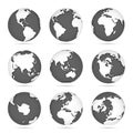 Globe set gray and white, vector icons Earth with outline continents. White continent and gray water Royalty Free Stock Photo