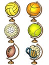Globe set sports balls basketball soccer Golf tennis volleyball and beer