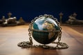 A globe shaped ornament features a decorative chain in its center