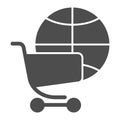 Globe with shopping cart solid icon. Global market vector illustration isolated on white. Planet and trolley glyph style