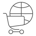 Globe with shopping cart thin line icon. Global market vector illustration isolated on white. Planet and trolley outline Royalty Free Stock Photo