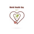 Globe sign and stethoscope icon with heart shape vector logo design template.World Health Day icon.World Health Day idea campaign