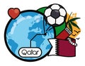 Globe, Soccer Ball, Pearls, Palm Tree and Qatar Flag, Vector Illustration