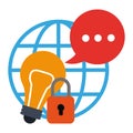 Globe, speech bubble, light bulb and padlock