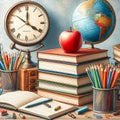 Globe and stack of books on table background