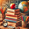 Globe and stack of books on table background