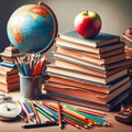 Globe and stack of books on table background