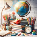 Globe and stack of books on table background