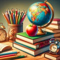 Globe and stack of books on table background