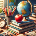 Globe and stack of books on table background