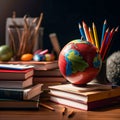 Globe and stack of books on table background