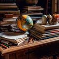 Globe and stack of books on table background