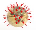 Globe in staple buttons in the shape of a coronovirus molecule