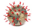 Globe in staple buttons in the shape of a coronovirus molecule