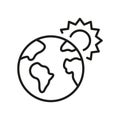 Globe and Sun Line Icon, Global Warming Concept. Planet Earth, Heatwave, Hot World Temperature Linear Pictogram