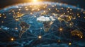 A globe is surrounded by a complex web of interconnected lines each representing a different blockchain network. This Royalty Free Stock Photo