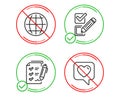 Globe, Survey checklist and Checkbox icons set. Heart sign. Internet world, Report, Survey choice. Like rating. Vector