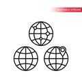 Globe symbol, globe with location pin black outline icons. Thin line globe icon set.