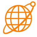Globe symbol icon with orbit and satellite - orange simple, isolated - vector Royalty Free Stock Photo
