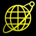 Globe symbol icon with orbit and satellite - yellow gradient, isolated - vector