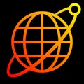 Globe symbol icon with orbit and satellite - yellow orange red gradient, isolated - vector