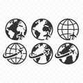 Globe symbol web icon set with airplane flight sign. Planet Earth icons with airplane flying icon. Royalty Free Stock Photo