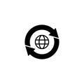 Globe with 2 sync arrows around, Worldwide. Flat Vector Icon illustration. Simple black symbol on white background Royalty Free Stock Photo