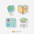 Globe, Text Book, Calculation Sign Symbol Button, Graduation Hat. Learning Education and School Class Doodle Sticker Icon Set Royalty Free Stock Photo