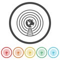 Globe Transmitter antenna symbol. Set icons in color circle buttons