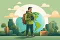 Globe-trotting blogger capturing a scenic moment, Iconic landmarks in the background or a stylized world map Royalty Free Stock Photo