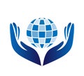 Globe in two hands up, hands and helper blue hands logo.