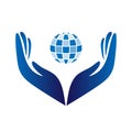 Globe in two hands up, hands and helper blue hands logo.